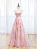 Scoop Neckline Tulle Pink Long Prom Dress, Pink Backless Prom Dresses