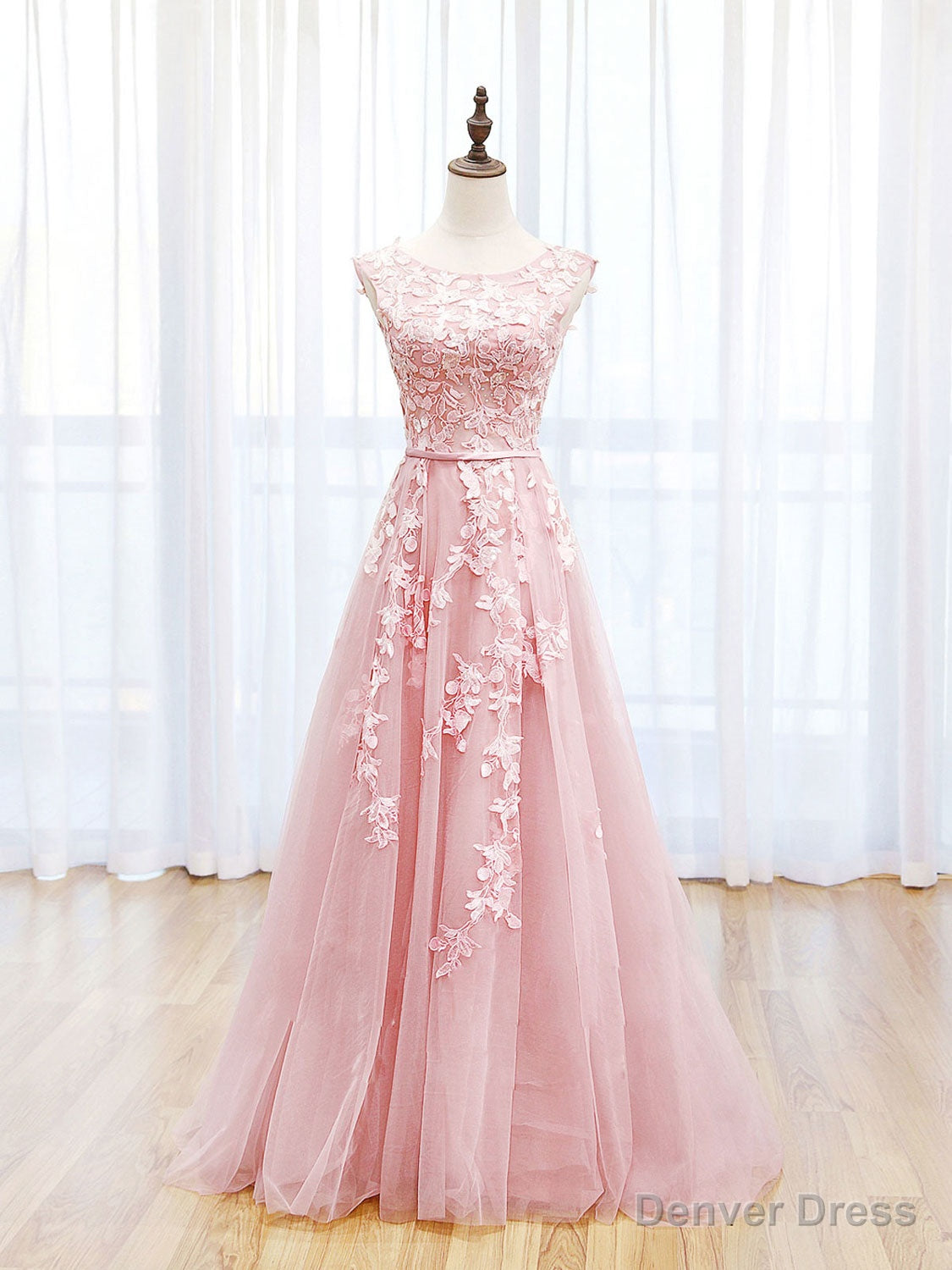 Scoop Neckline Tulle Pink Long Prom Dress, Pink Backless Prom Dresses