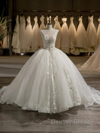Scoop Sleeveless Tulle Embroidery With Beading Court Train Ball Gowns Wedding Dresses