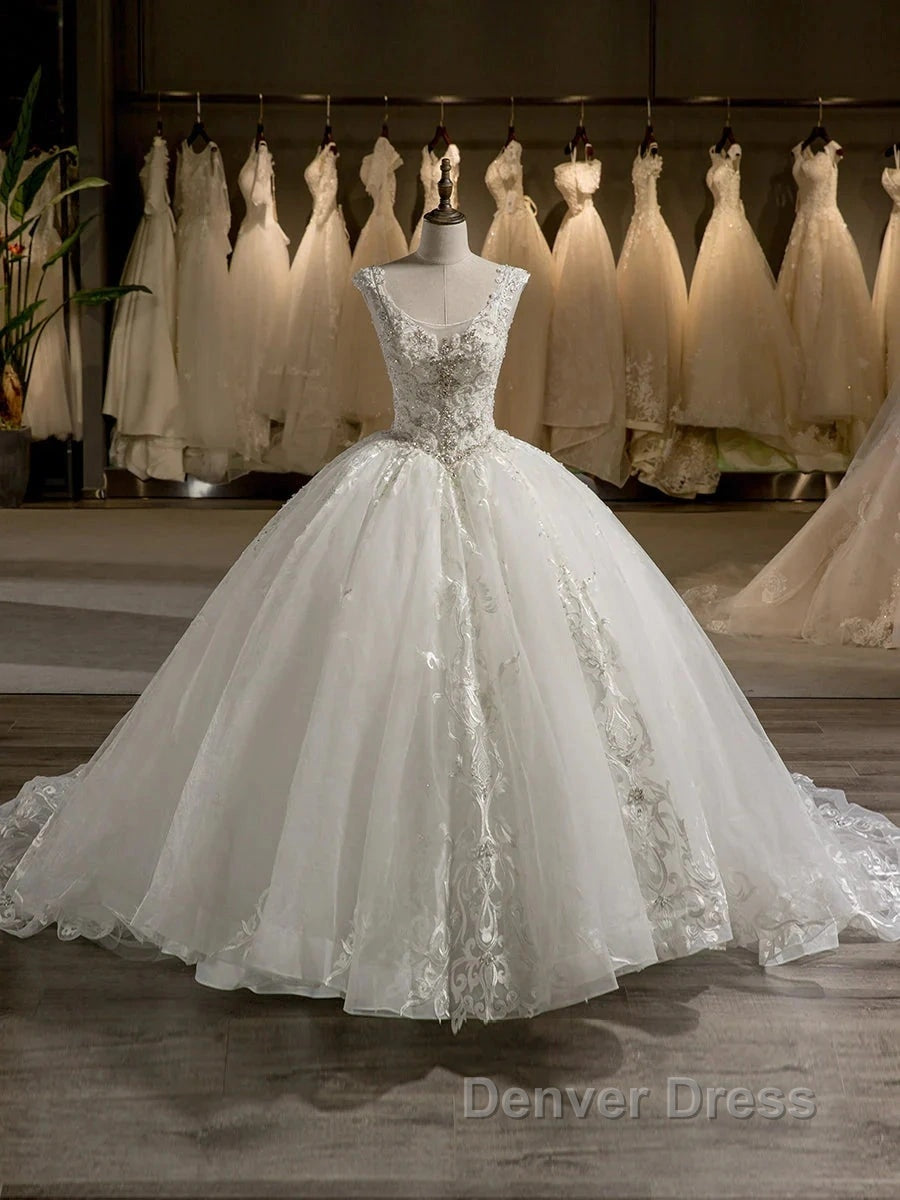 Scoop Sleeveless Tulle Embroidery With Beading Court Train Ball Gowns Wedding Dresses