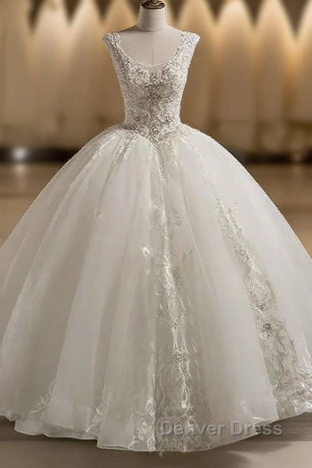 Scoop Sleeveless Tulle Embroidery With Beading Court Train Ball Gown Wedding Dresses
