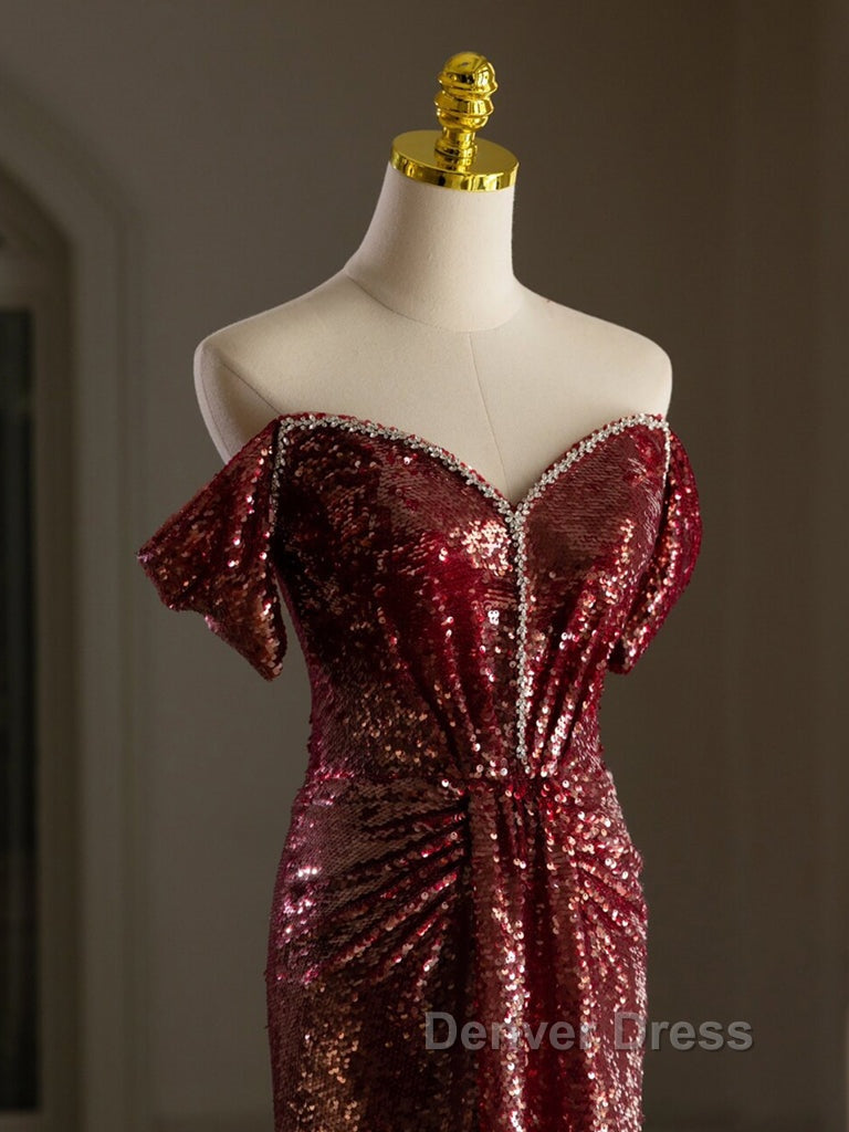 Simple Off Shoulder Sequin Burgundy Long Prom Dresses, Burgundy Long Evening Dresses Secondary image