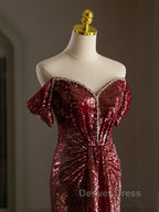 Simple Off Shoulder Sequin Burgundy Long Prom Dresses, Burgundy Long Evening Dresses