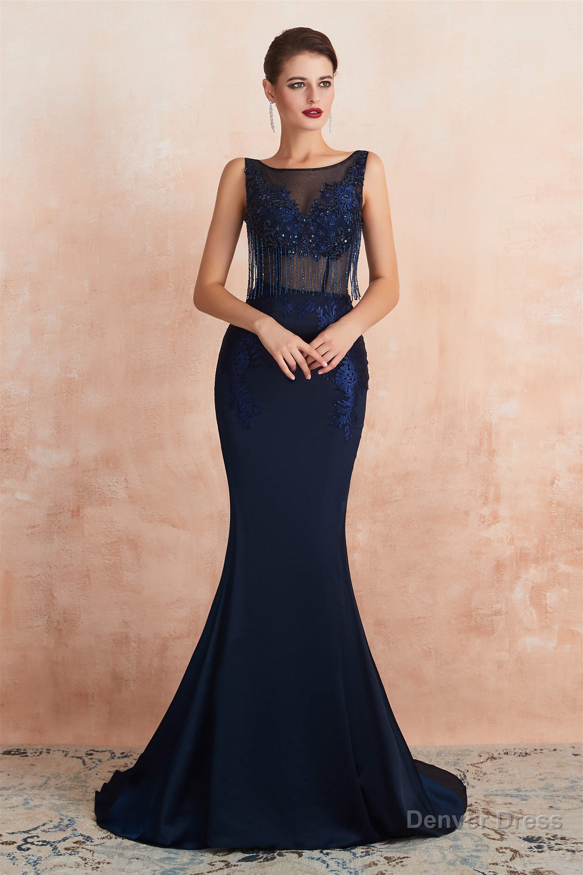 See Through Tassel Mermaid Beaded Navy Blue Prom Dresses Secondary image