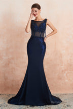 See Through Tassel Mermaid Beaded Navy Blue Prom Dresses