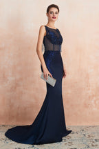 See Through Tassel Mermaid Beaded Navy Blue Prom Dresses