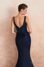 See Through Tassel Mermaid Beaded Navy Blue Prom Dresses