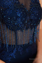 See Through Tassel Mermaid Beaded Navy Blue Prom Dresses