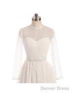 See Through Tulle Knee Length Sheer Round Long Sleeves Wedding Dress