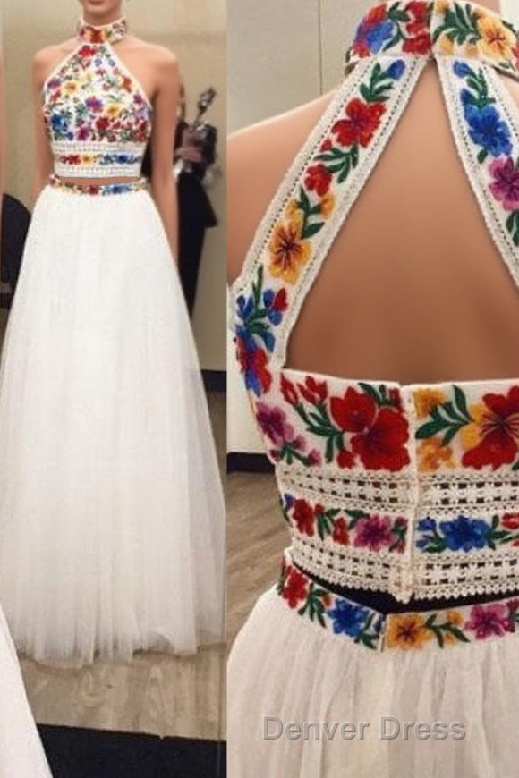 Two Piece High Neck Long Prom Dresses with Appliques, Unique Sleeveless Party Dresses Main image