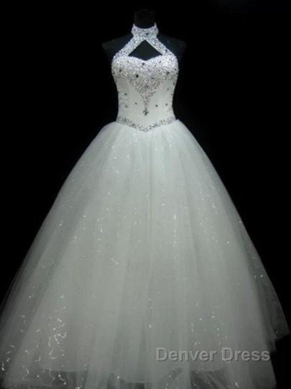 Sequin Ball Gown Sleeveless Floor Length Beading Tulle Halter Wedding Dresses
