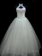 Sequin Ball Gowns Sleeveless Floor Length Beading Tulle Halter Wedding Dresses