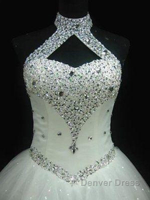 Sequin Ball Gowns Sleeveless Floor Length Beading Tulle Halter Wedding Dresses