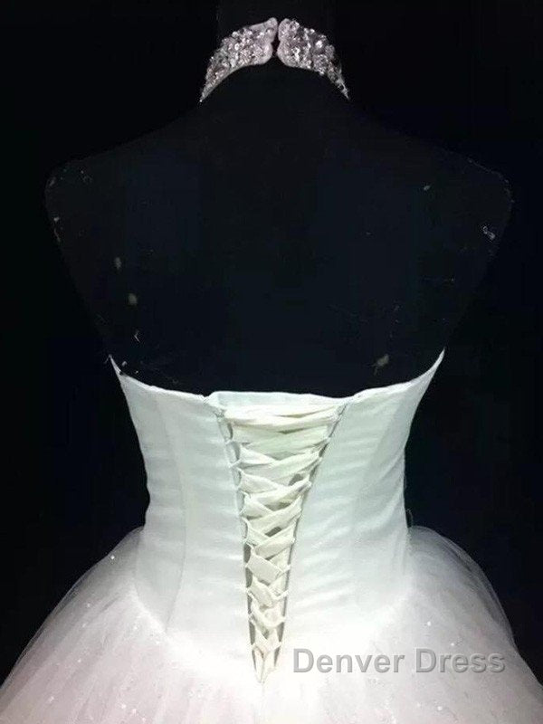 Sequin Ball Gowns Sleeveless Floor Length Beading Tulle Halter Wedding Dresses