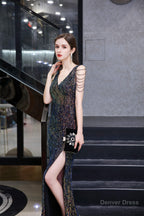 Sequin Beading Mermaid Lace V Neck Prom Dresses