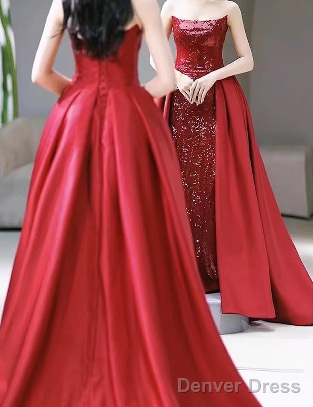 Sequin Mermaid Strapless Sleeveless Prom Dress Red Long Prom Dresses