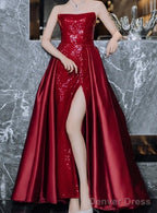 Sequin Mermaid Strapless Sleeveless Prom Dress Red Long Prom Dresses