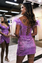 Sequin Off The Shoulder Lace Up Corset Short Homecoming Dresses With Feather