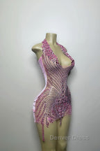 Sequined Mermaid Halter Jersey Beading Sleeveless Mini Rhinestone Prom Dresses With Feather