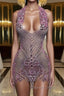 Sequined Mermaid Halter Jersey Beading Sleeveless Mini Rhinestone Prom Dresses With Feather