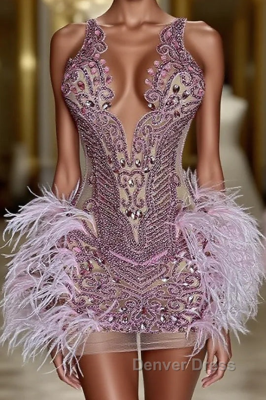 Sequined Mermaid Jewel Jersey Beading Sleeveless Mini Rhinestone Party Dresses With Feather