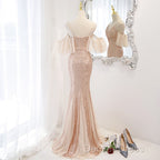 Sequins And Tulle Mermaid Long Party Dresses Prom Dresses, Off Shoulder Formal Dresses