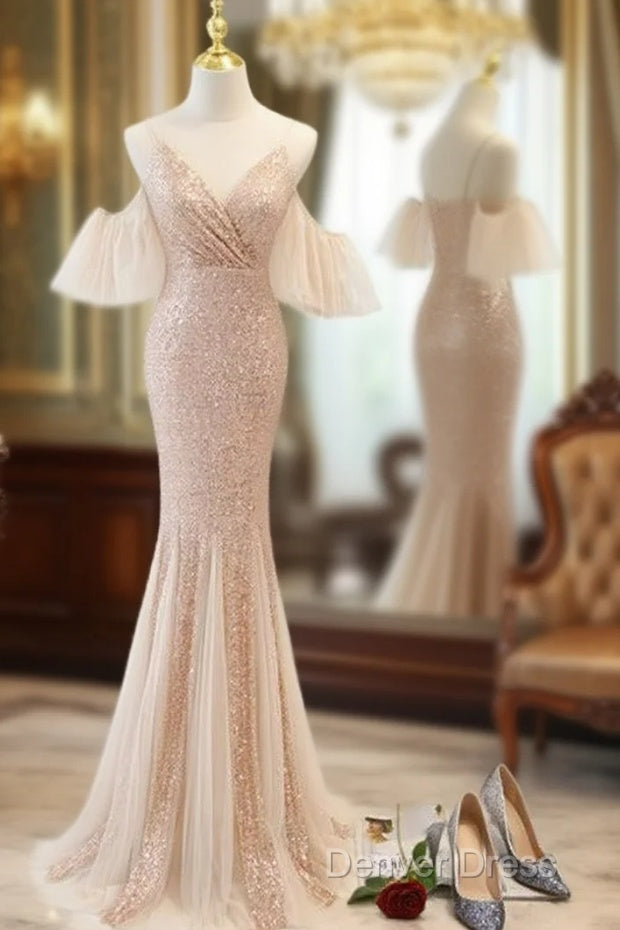 Sequins And Tulle Mermaid Long Party Dresses Prom Dresses, Off Shoulder Formal Dresses