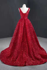 Sequins Asymmetrical Red Evening Dresses Sleeveless Deep-V Prom Formal Dress