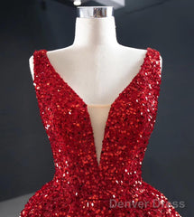 Sequins Asymmetrical Red Evening Dresses Sleeveless Deep-V Prom Formal Dress