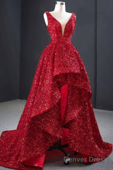 Sequins Asymmetrical Red Evening Dresses Sleeveless Deep-V Prom Formal Dress