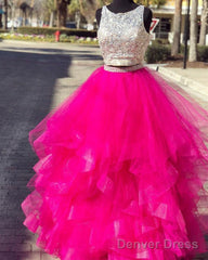 Sequins Beaded Keyhole Back Ruffles Prom Two Piece Dresses