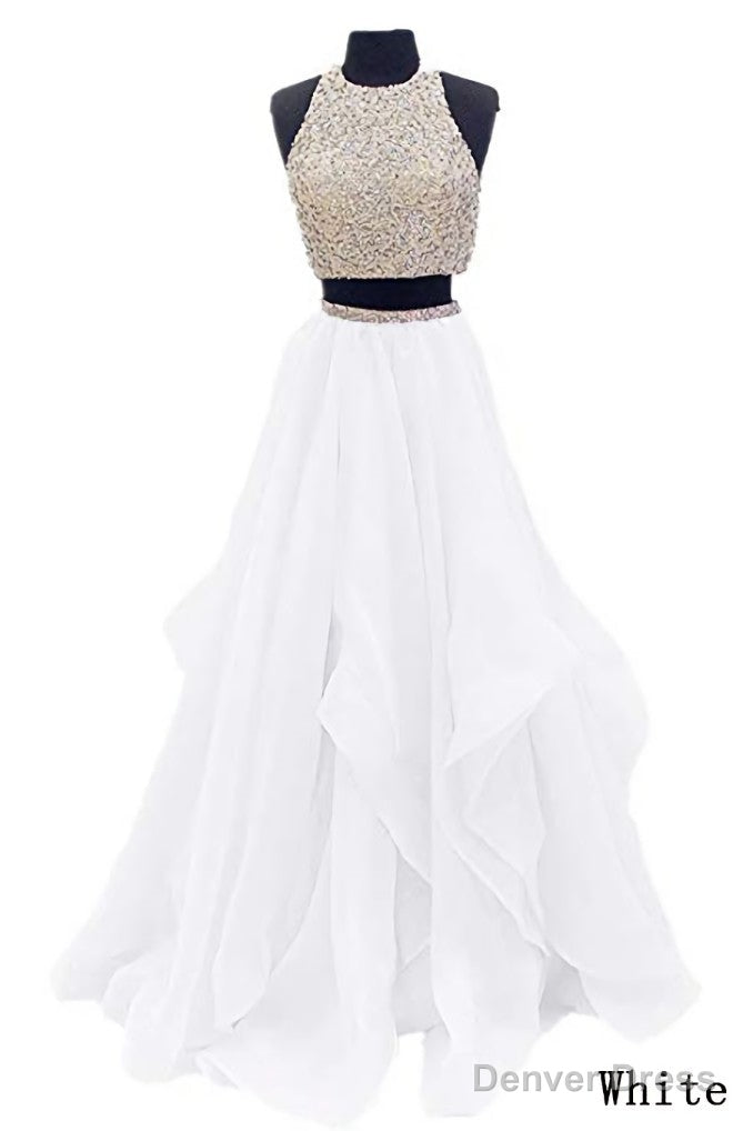 Sequins Beaded Organza Layered Two Piece Ball Gown Prom Dress,Wedding Prom Dresses