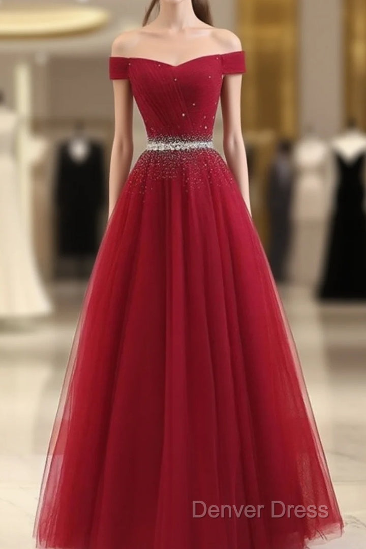 Sequins Burgundy Long Off The Shoulder Prom Dresses