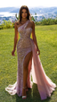 Pink Glitter Sequin Mermaid Long One Shoulder Applique High Slit Prom Dress Tulle Trailing Prom Gowns Prom Dresses