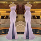 Sequins Formal Dresses Light Purple Mermaid Prom Dresses Long Slit Strapless