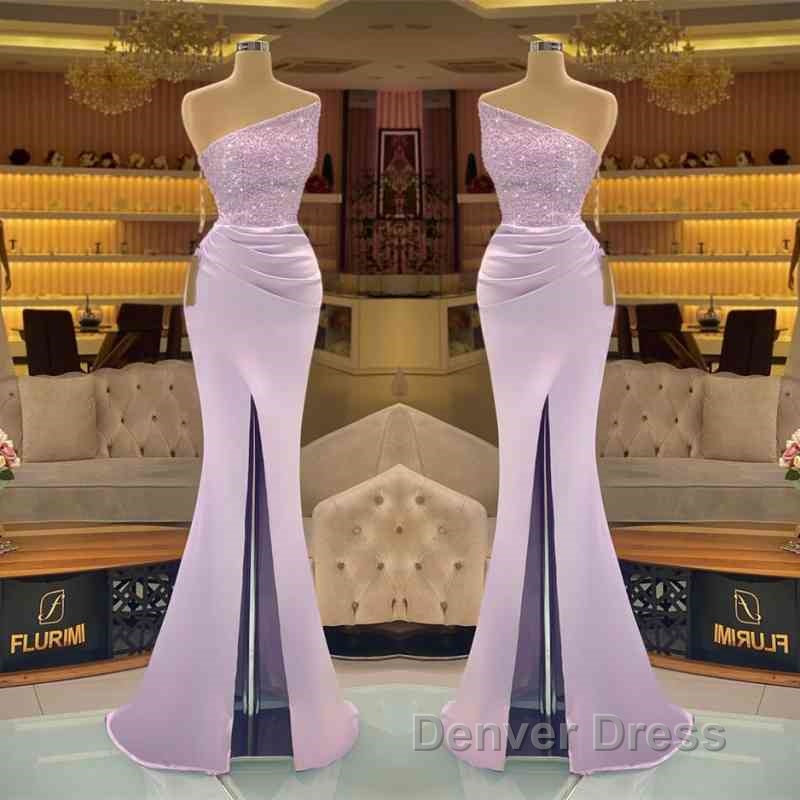Sequins Formal Dresses Light Purple Mermaid Prom Dresses Long Slit Strapless