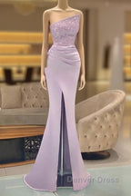 Sequins Formal Dresses Light Purple Mermaid Prom Dresses Long Slit Strapless