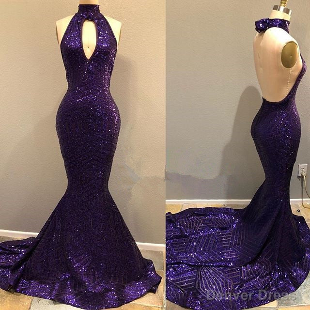 Sequins Halter Grape Prom Party Gowns| Backless Long Evening Gowns Secondary image