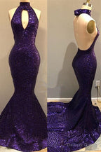 Sequins Halter Grape Prom Gown Backless Long Prom Gown
