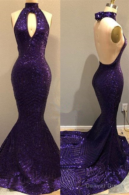 Sequins Halter Grape Prom Gown Backless Long Prom Gown
