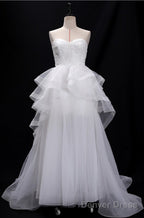 Sequins Lace Strapless Ruffled BallGowns Wedding Dresses With Train