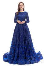 Sequins Long Sleeve Feather A Line Floor Length Prom Dresses