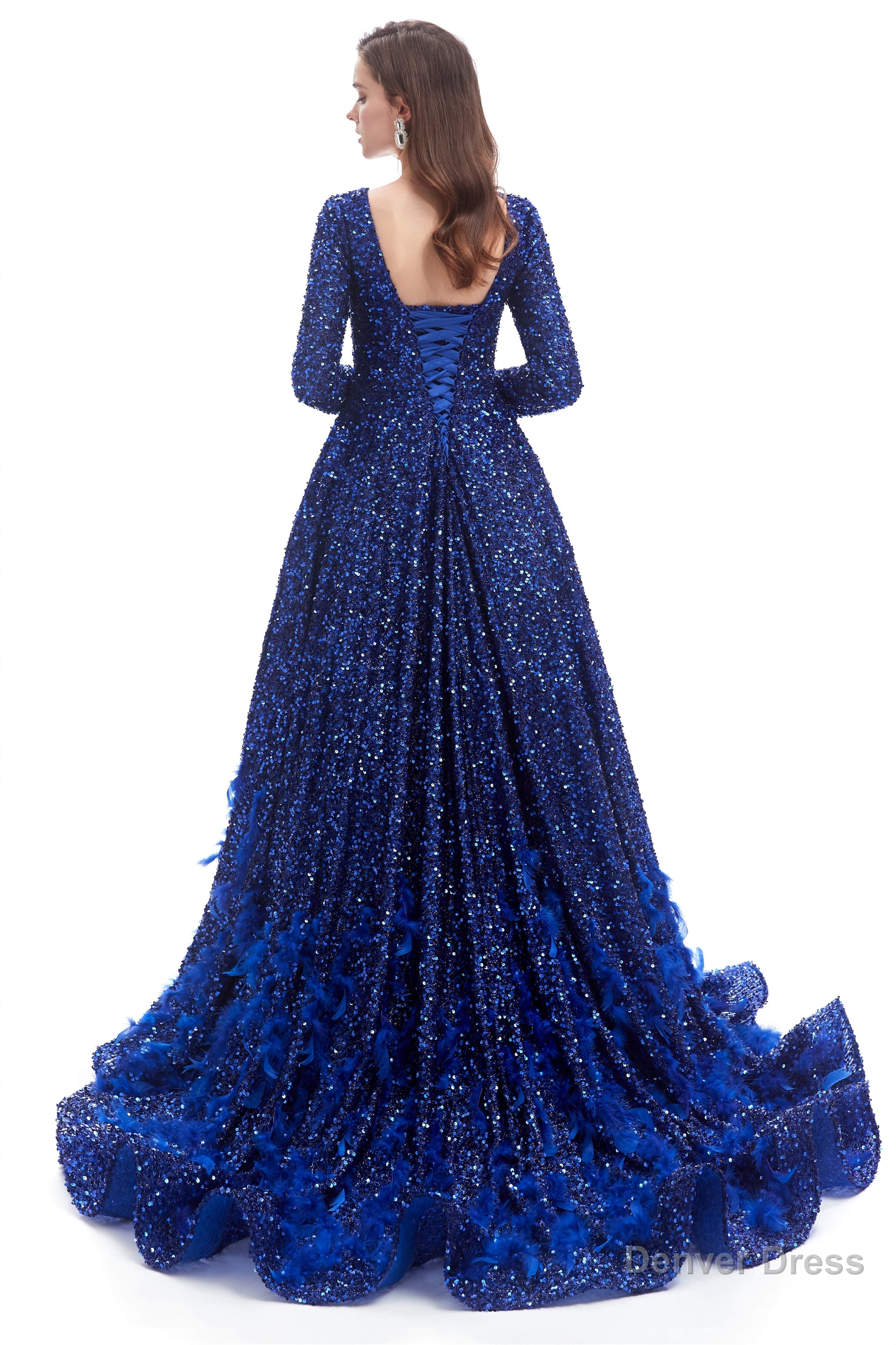 Sequins Long Sleeve Feather A Line Floor Length Prom Dresses