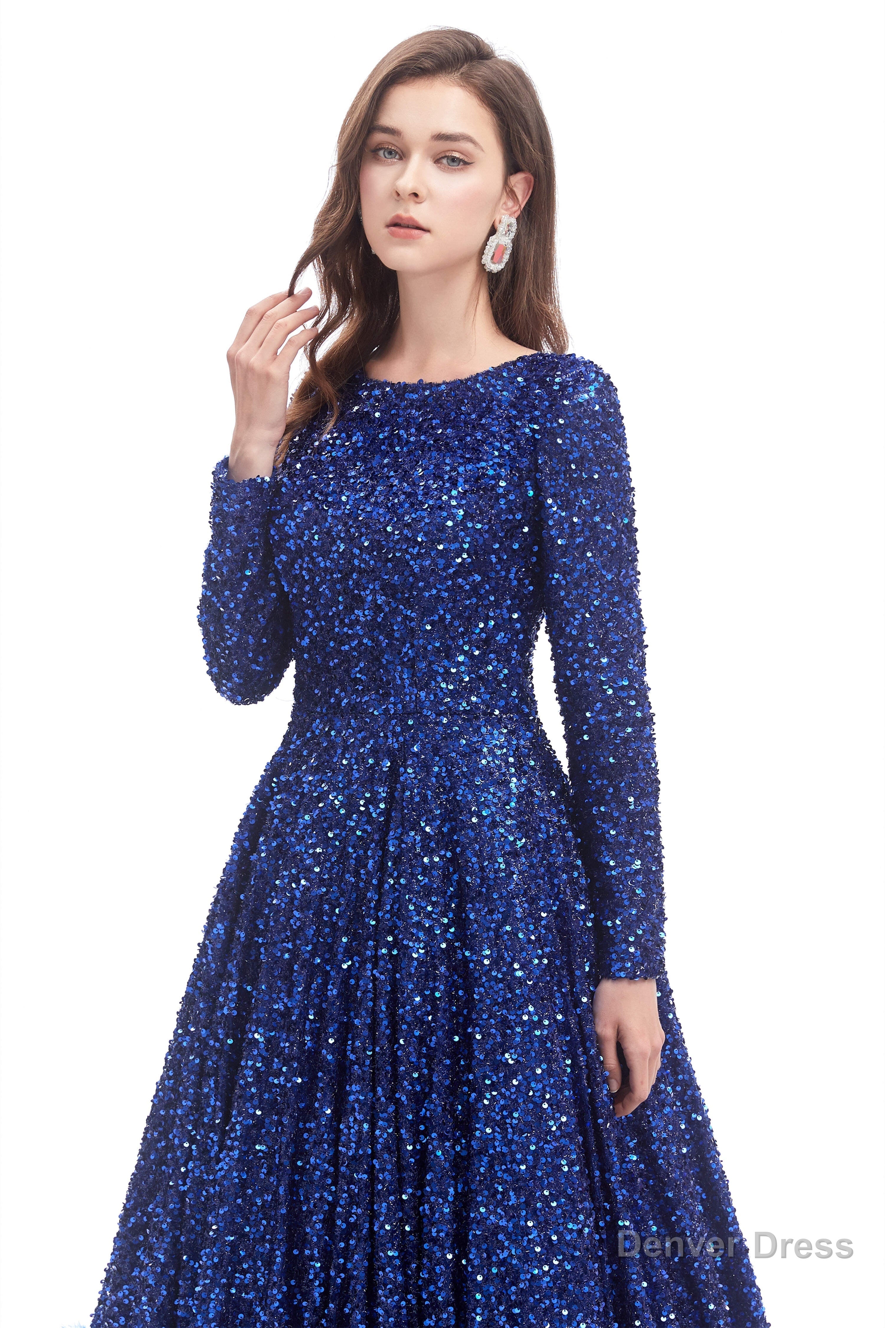 Sequins Long Sleeve Feather A-line Floor Length Prom Dresses