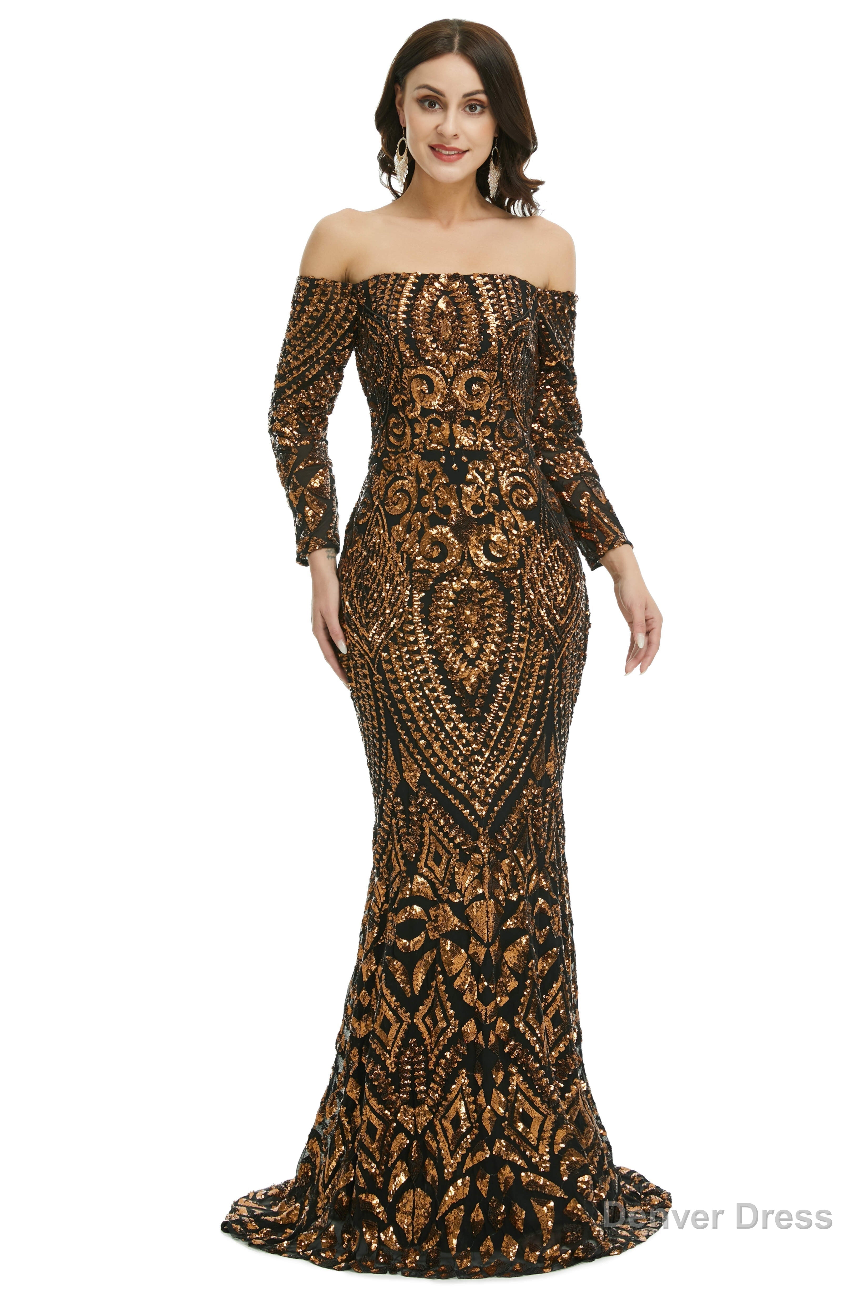 Sequins Mermaid Long Sleeves Off the Shoulder Prom Dresses