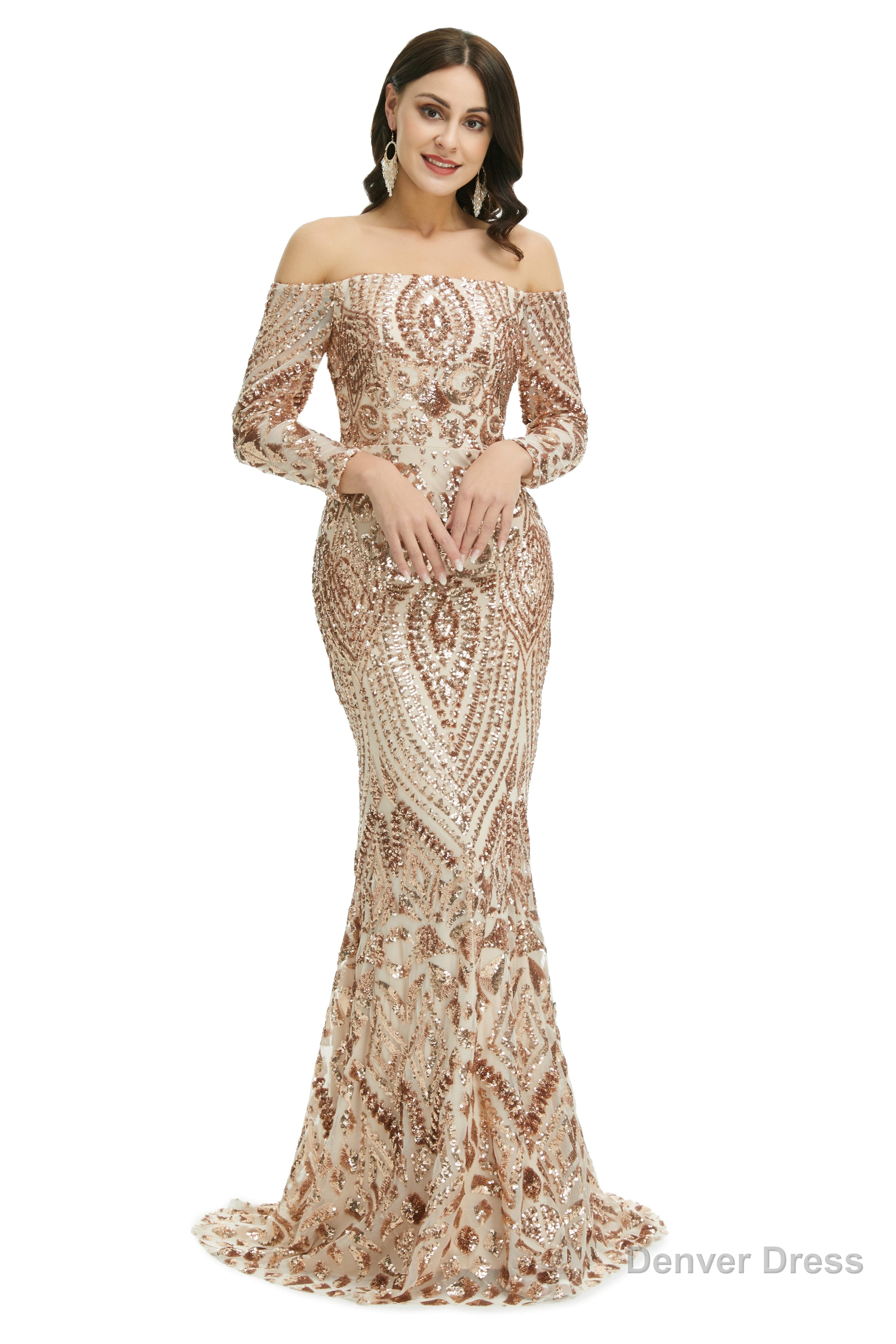 Sequins Mermaid Long Sleeves Off the Shoulder Prom Dresses