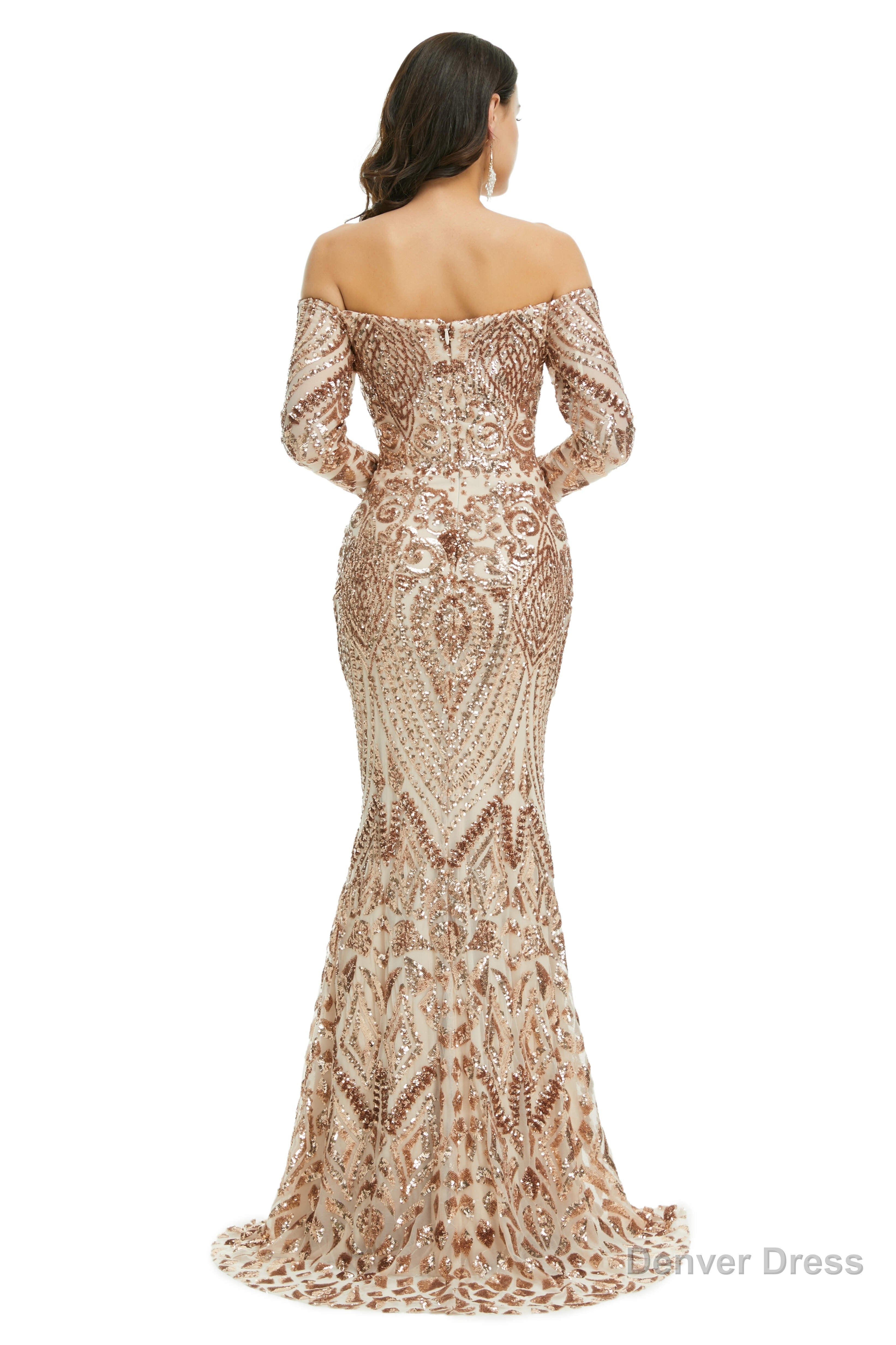 Sequins Mermaid Long Sleeves Off the Shoulder Evening Dresses