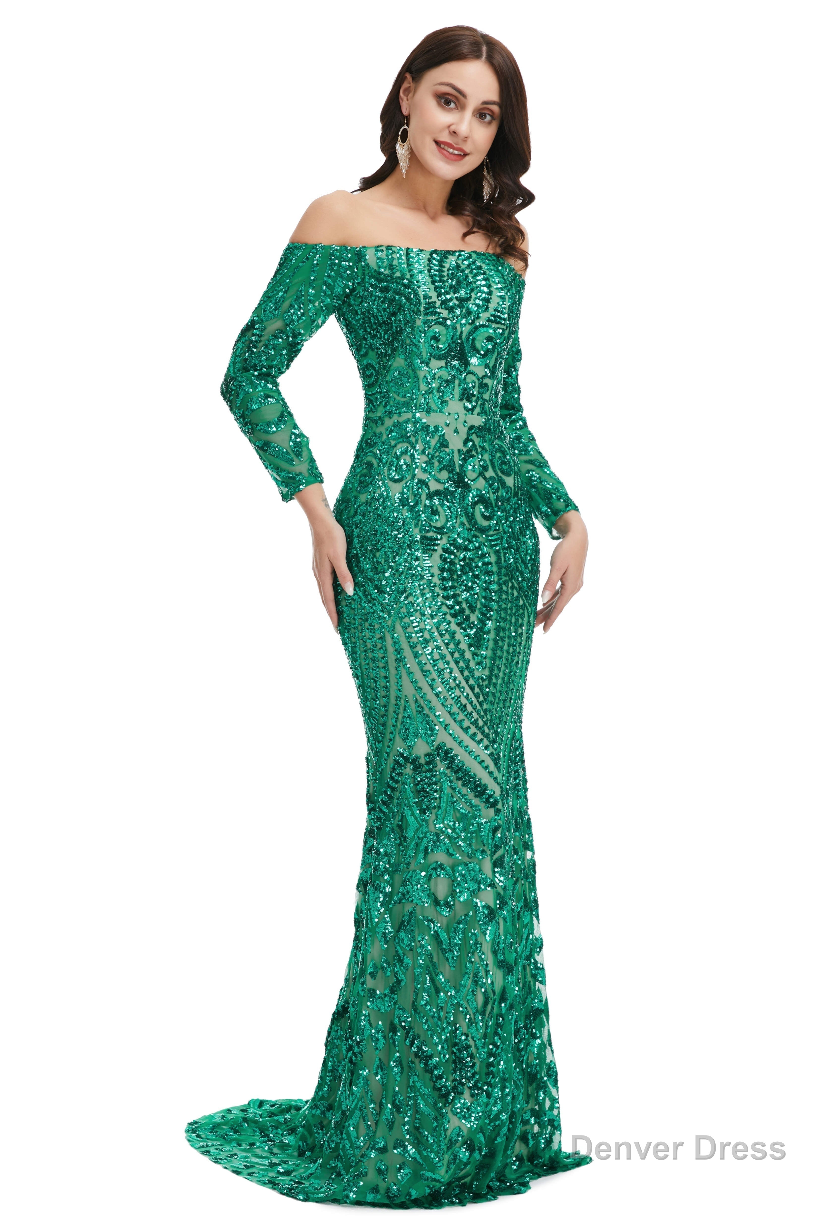 Sequins Mermaid Long Sleeves Off the Shoulder Prom Dresses