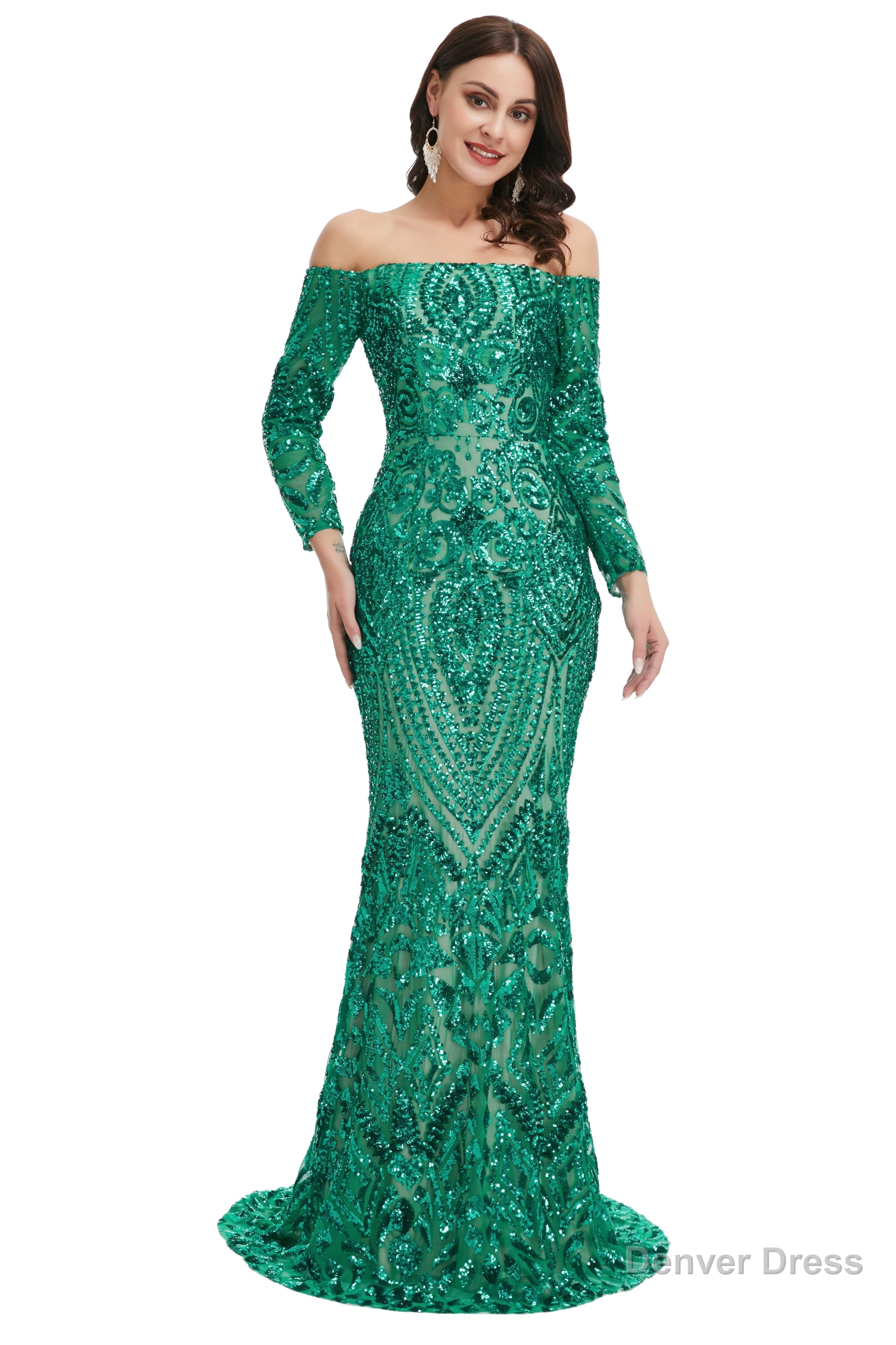 Sequins Mermaid Long Sleeves Off the Shoulder Prom Dresses