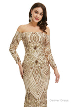 Sequins Mermaid Long Sleeves Off the Shoulder Prom Dresses